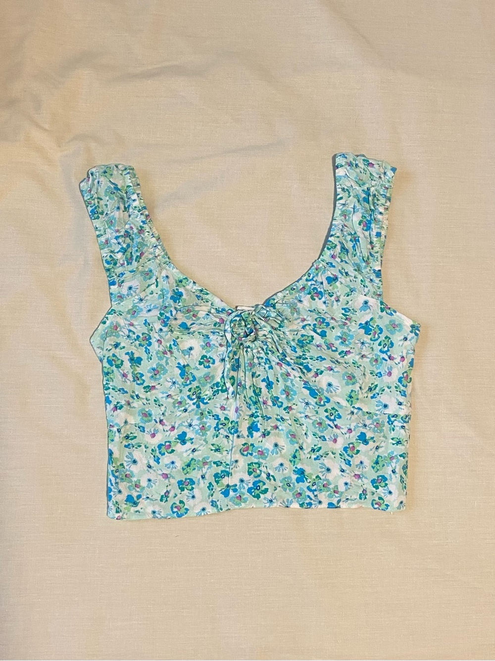 Primark Floral Tie-Front Crop Tank Top - Light Aqua US - 2
